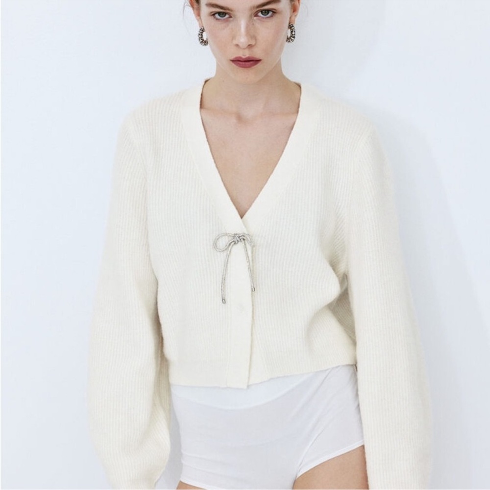 H&M Cream Crystal Bow Cardigan